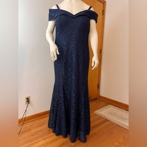 R & M Richards Midnight Blue Off-Shoulder Dress